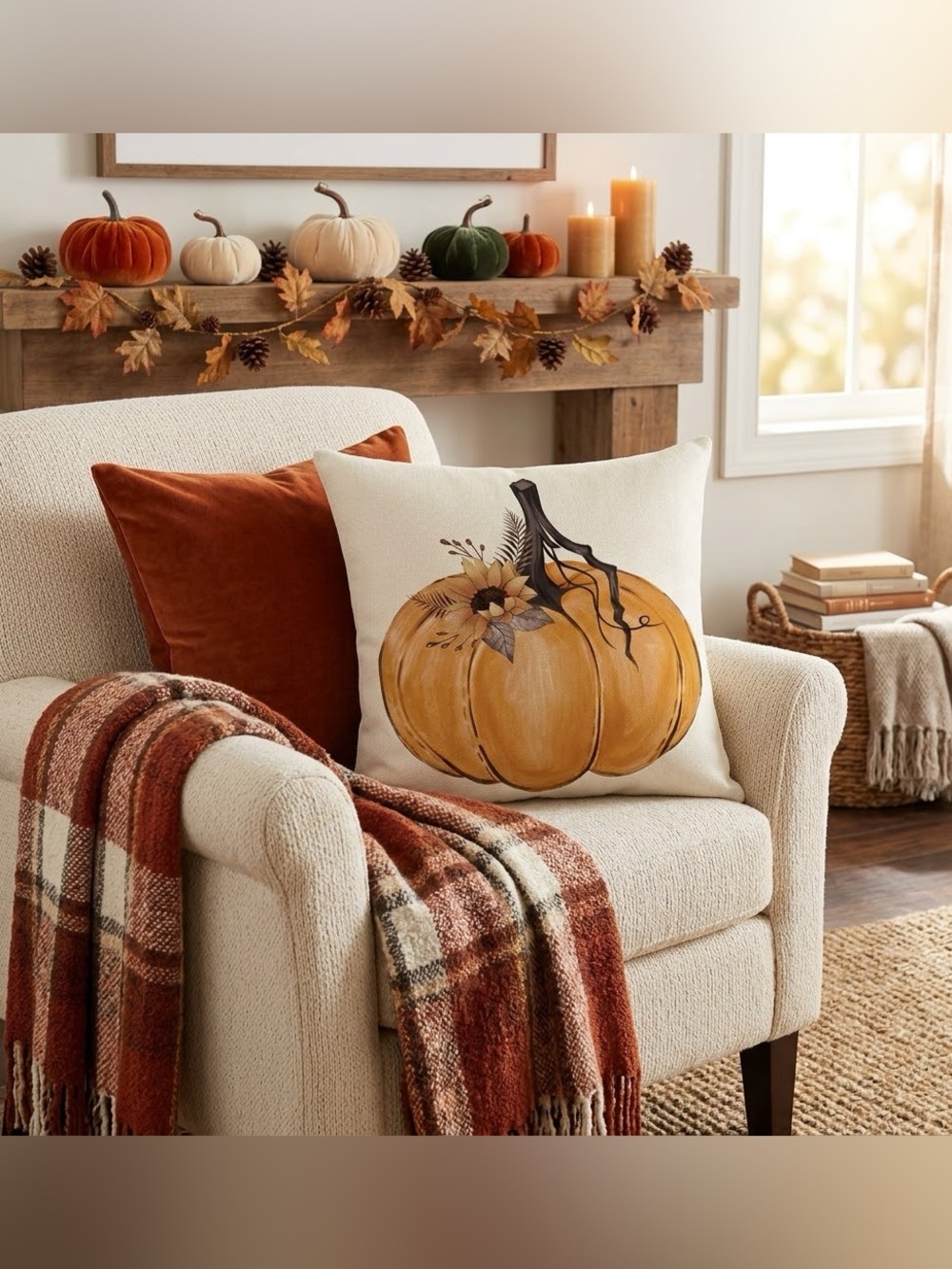 Fall Orange Pumpkin Sunflower Throw Pillow Cover & Pillow 16”x16”